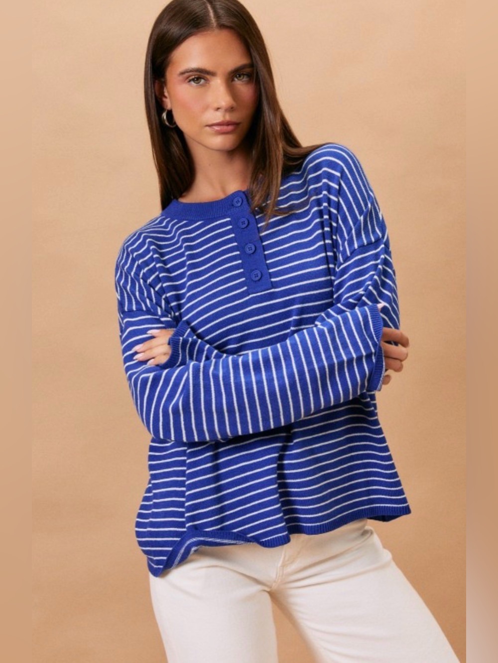 Striped Blue Button-Neck Knit Top